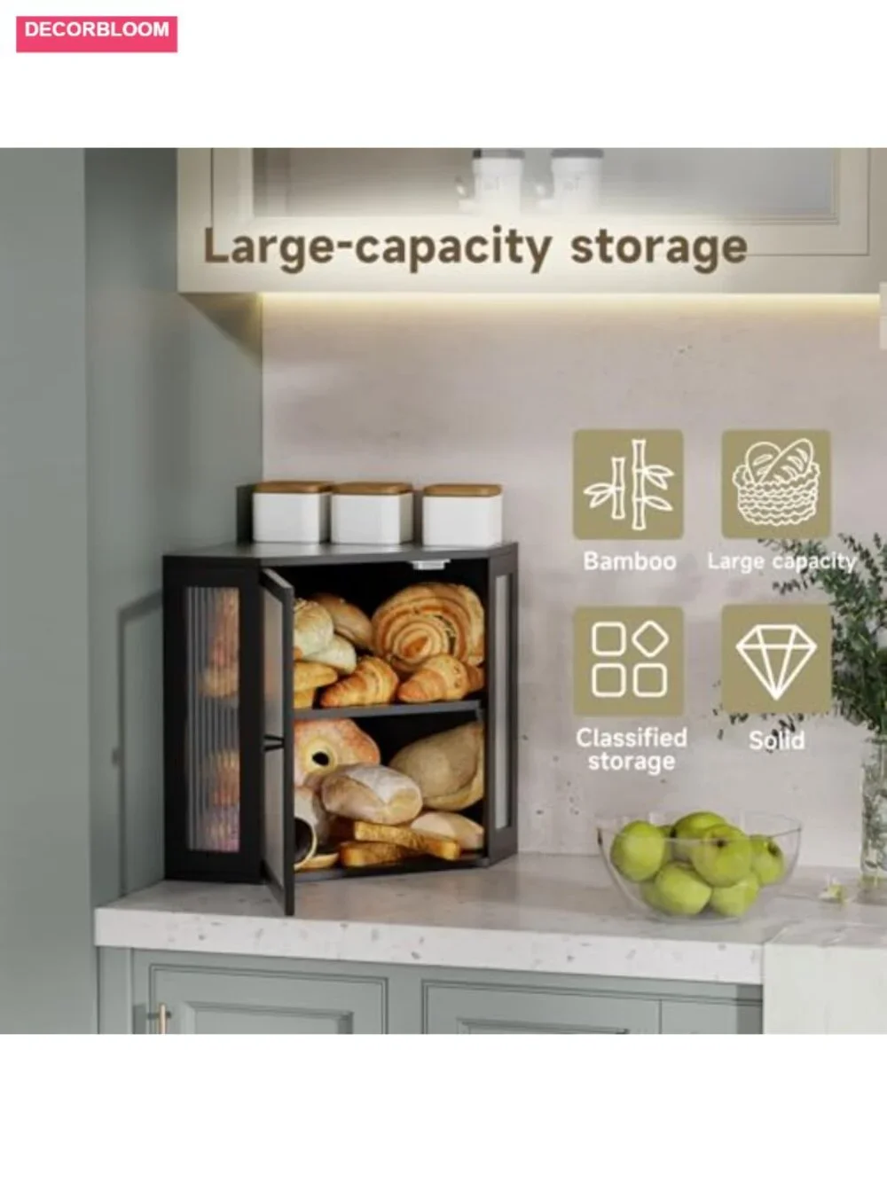 Corner Bread Box for Kitchen Countertop, Two-Layer Storage Bin with Acrylic